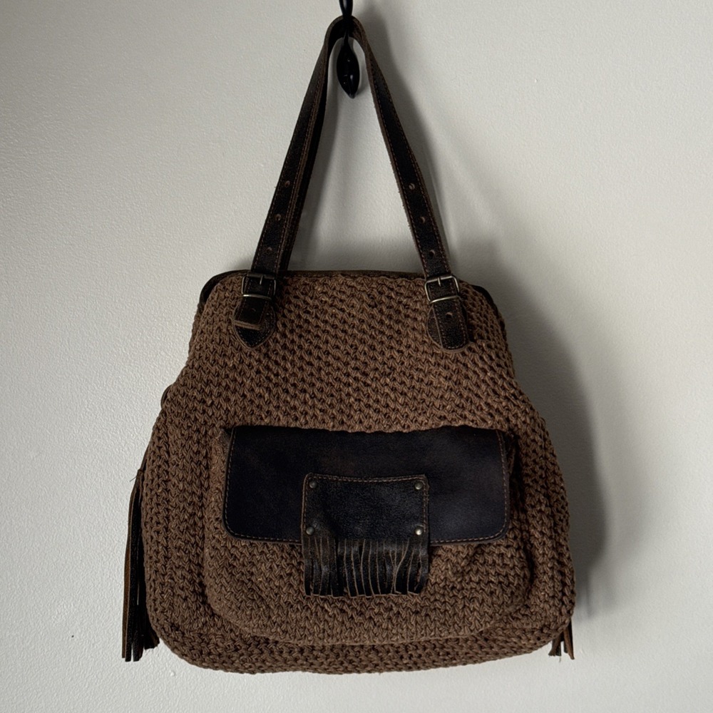 Bonfanti Purse Crochet Wool Knit Handbag Brown Leather Bag Indie‎ Hippie Italy